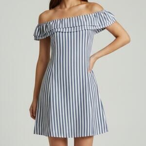 Lulus Cotton Mini Dress Blue Striped Ruffled Off The Shoulder Women's Size S NWT